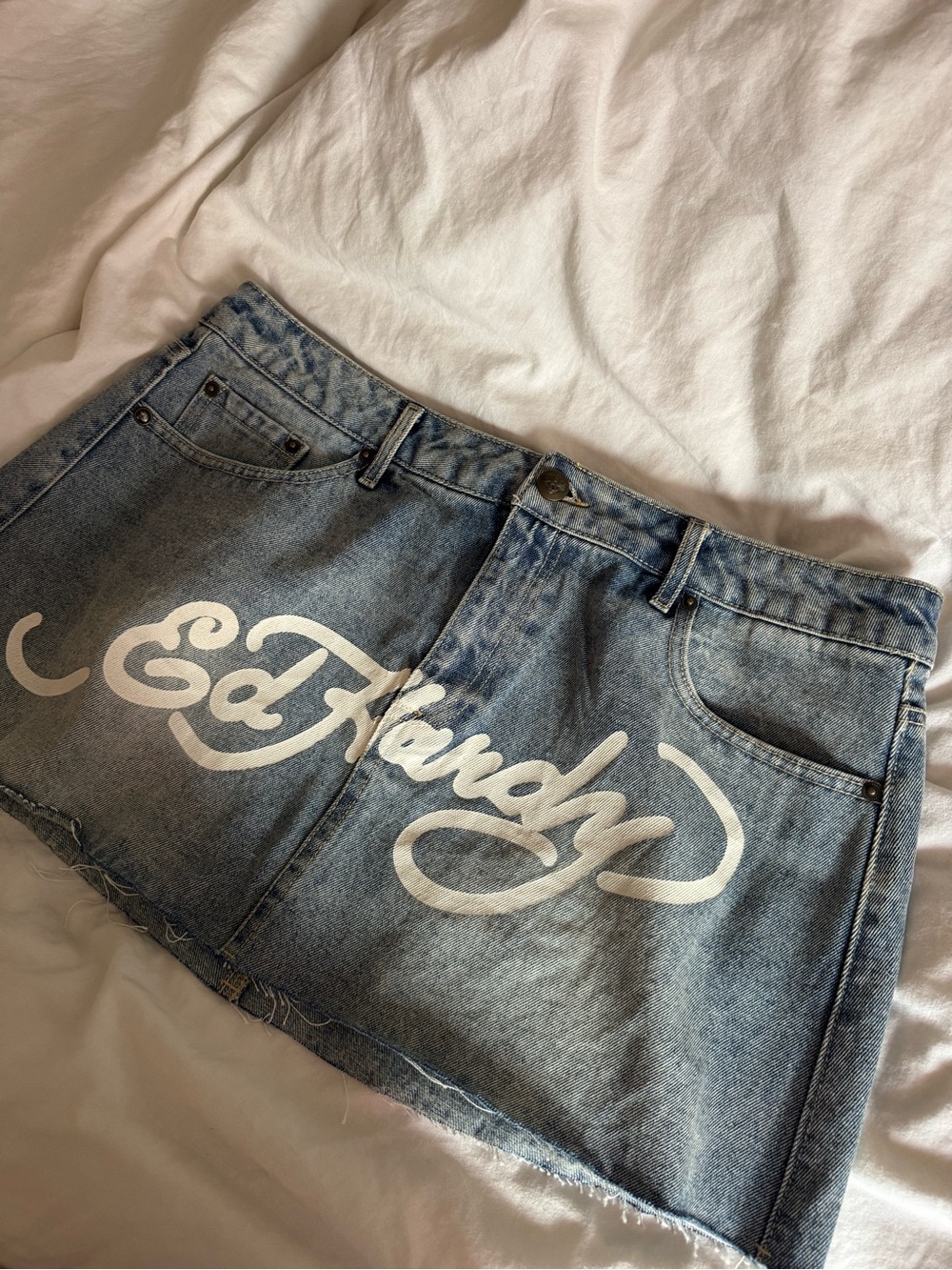 Ed Hardy Light Blue Denim Mini Skirt with White Logo